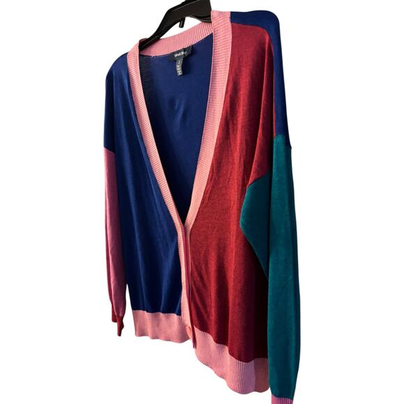 ModCloth Women’s Color block Cardigan Button Up V Neck Size Large NWT Pink Blue - Picture 2 of 7